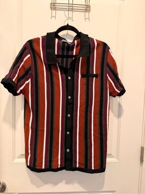 PJ Paul Jones Men's Striped Knit Polo Shirt Short Sleeve
Button Up Brown Size L